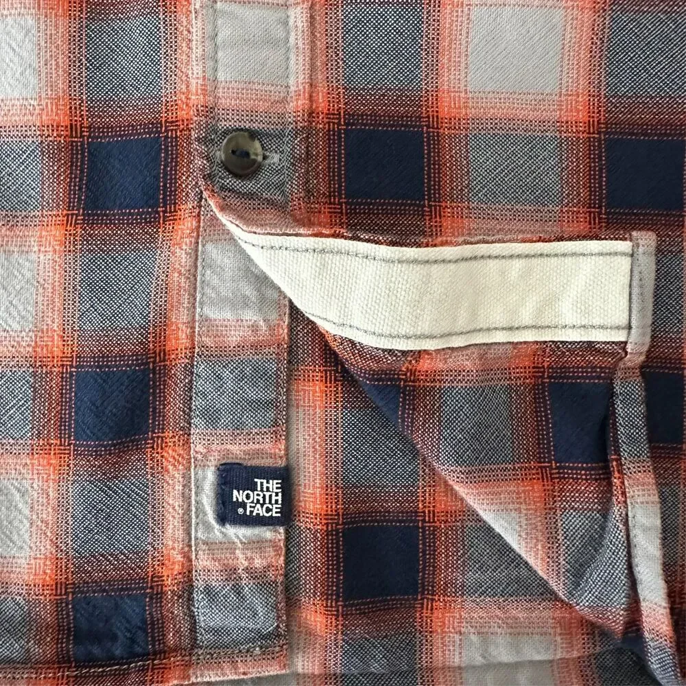 The North Face Plaid Camp Shirt Men's M Orange Blue Short Sleeve Hiking Outdoor